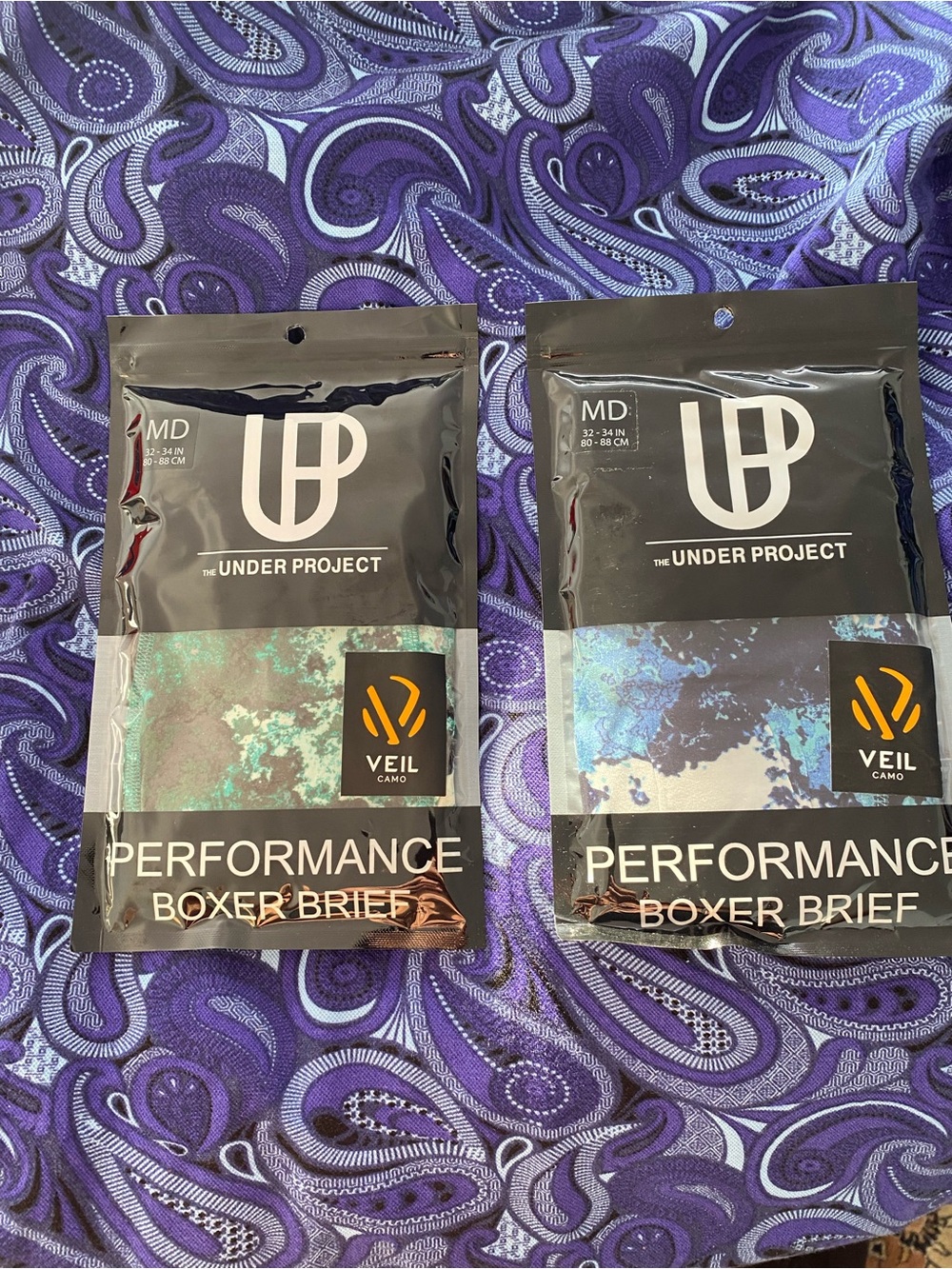 2 pair. Performance Boxer Briefs - Blue/Teal Veil Camo - Men's. Size M